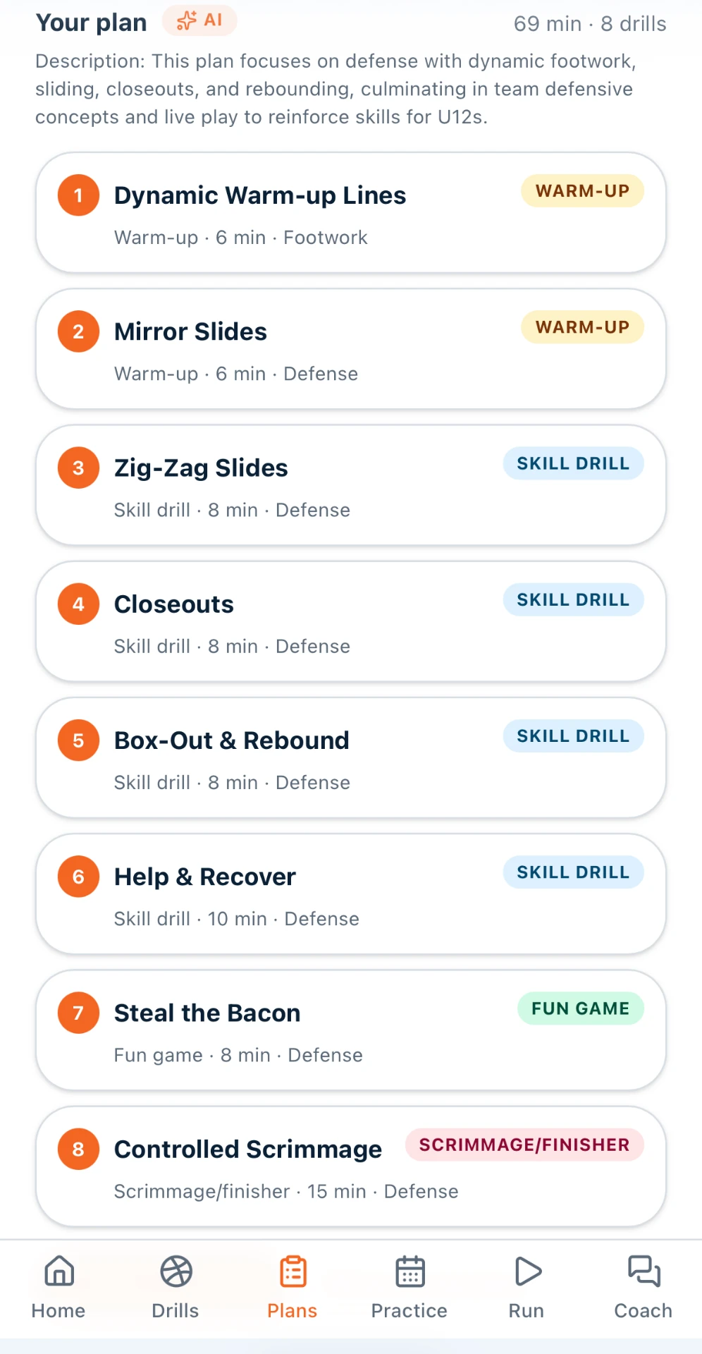 A finished 69-minute, 8-drill defence practice plan listing Dynamic Warm-up Lines, Mirror Slides, Zig-Zag Slides, Closeouts, Box-Out & Rebound, Help & Recover, Steal the Bacon and a controlled scrimmage.