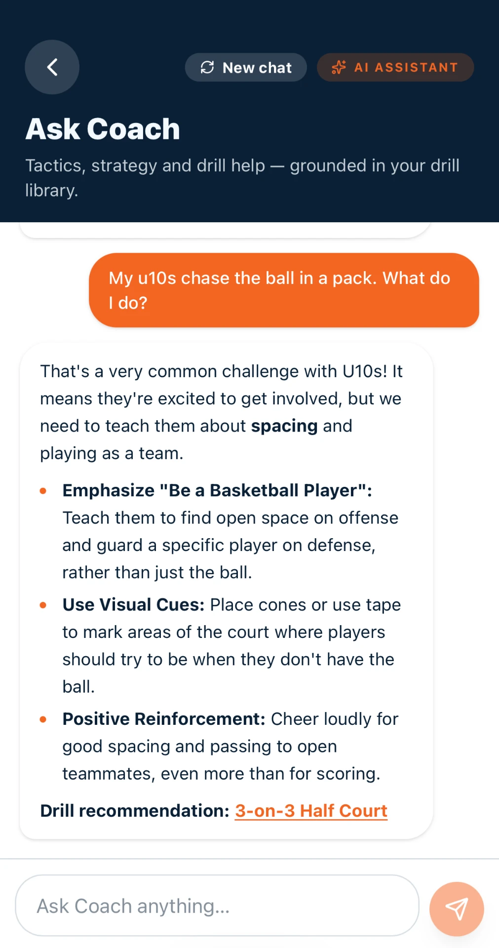 Ask Coach in the Practli app answering a coach asking what to do when their U10s chase the ball in a pack, with tips on spacing, visual cues and positive reinforcement, plus a link to the 3-on-3 Half Court drill.