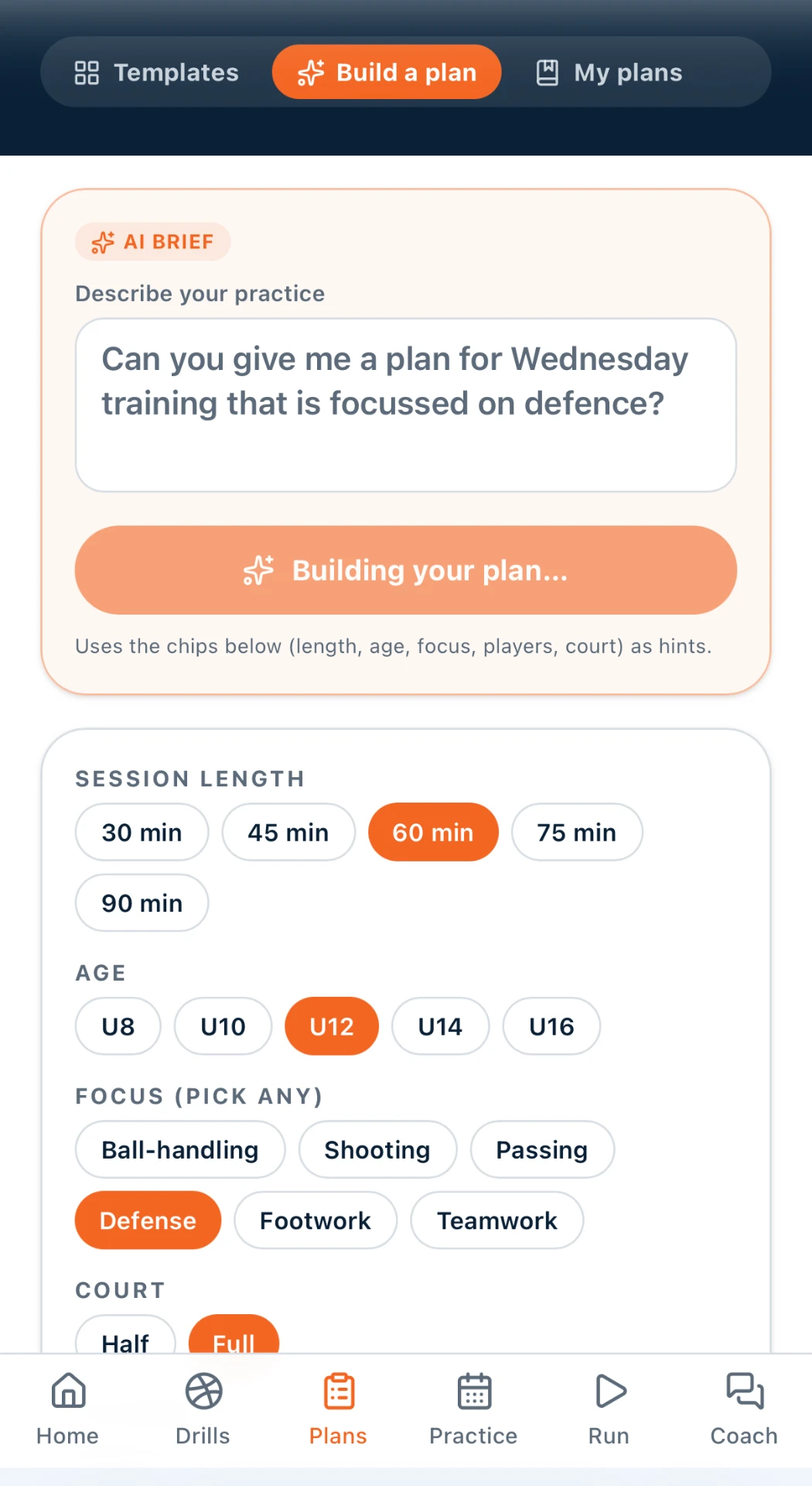 Practli's Build a plan screen with a coach's brief typed in: a plan for Wednesday training focussed on defence, with 60 minutes, U12, defence focus and full court selected.