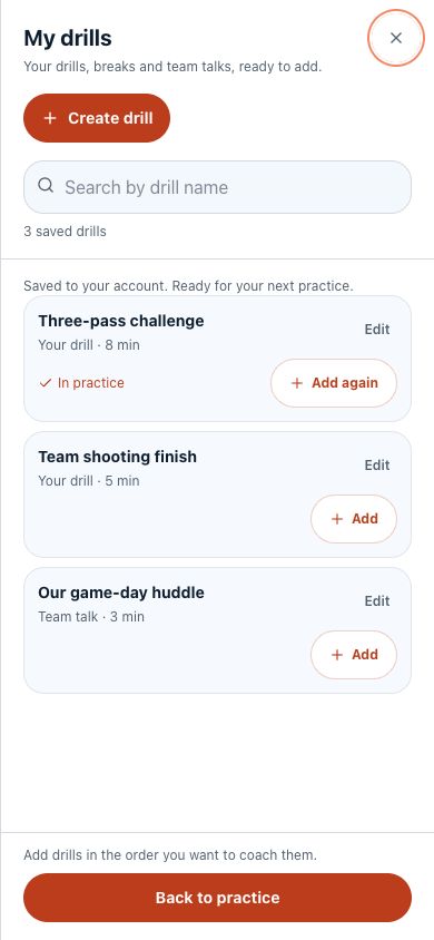 Practli My drills drawer showing a saved Three-pass challenge, search and Add to practice controls