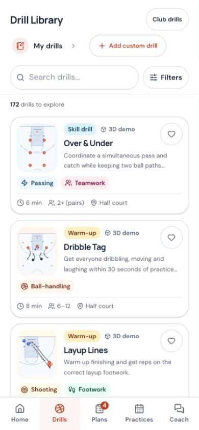 Current Practli mobile library with search, a compact Filters button and room for three drill cards