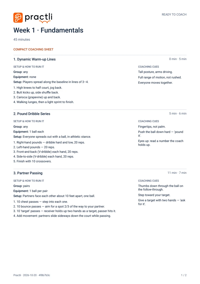 First page of the compact Week 1 Fundamentals plan, with drill instructions and coaching cues in two columns