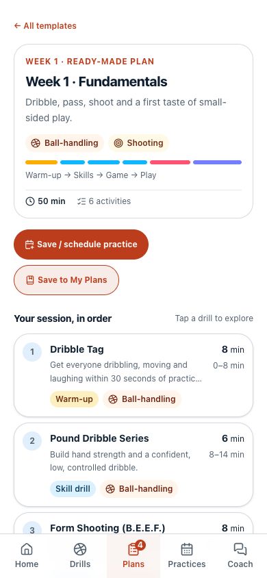 Practli plan preview showing activities, session order and timings